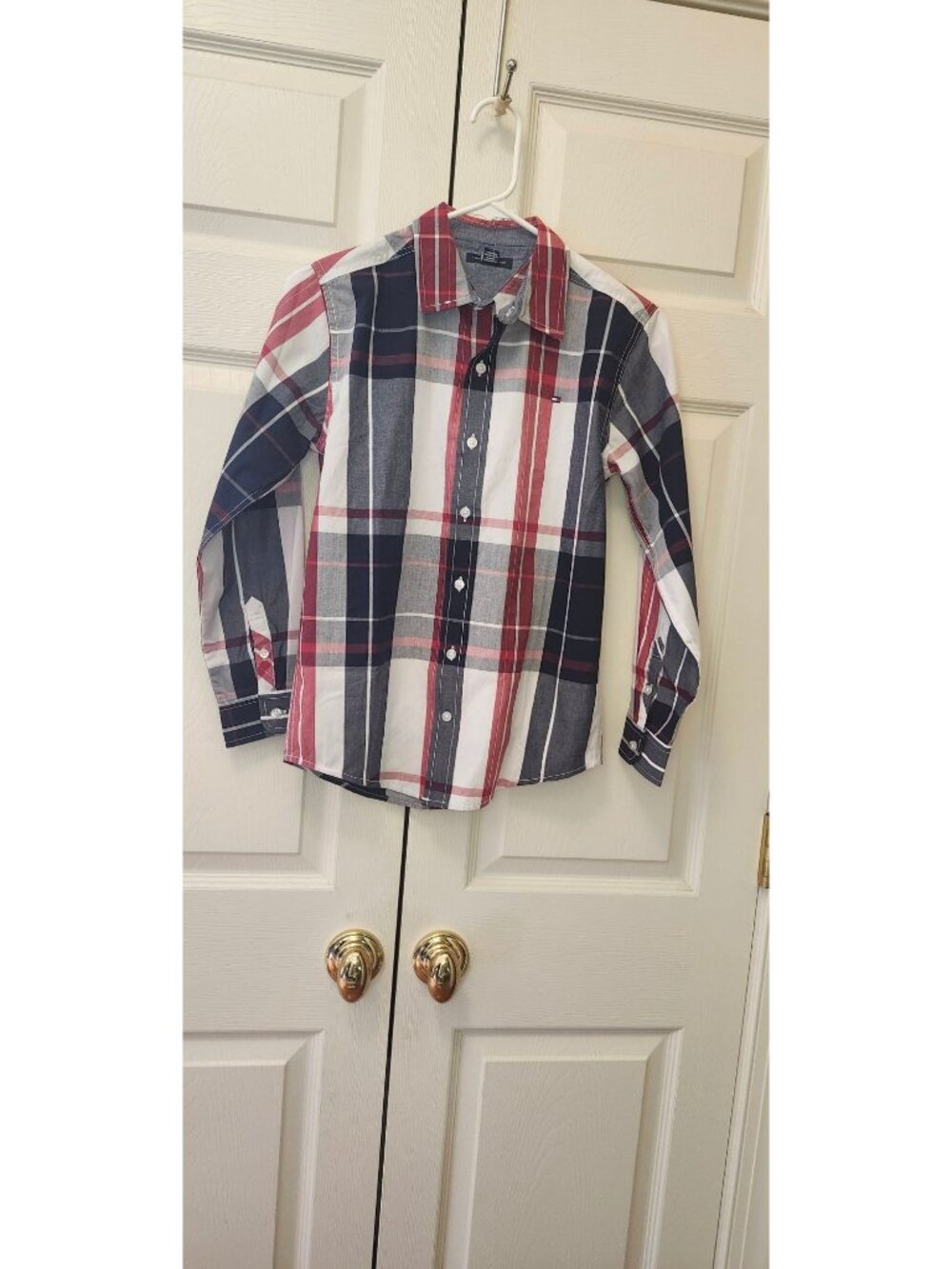 New Boy Tommy Hilfiger Red Navy Plaid Long-Sleeve Button-Up Shirt Size M (10/12)